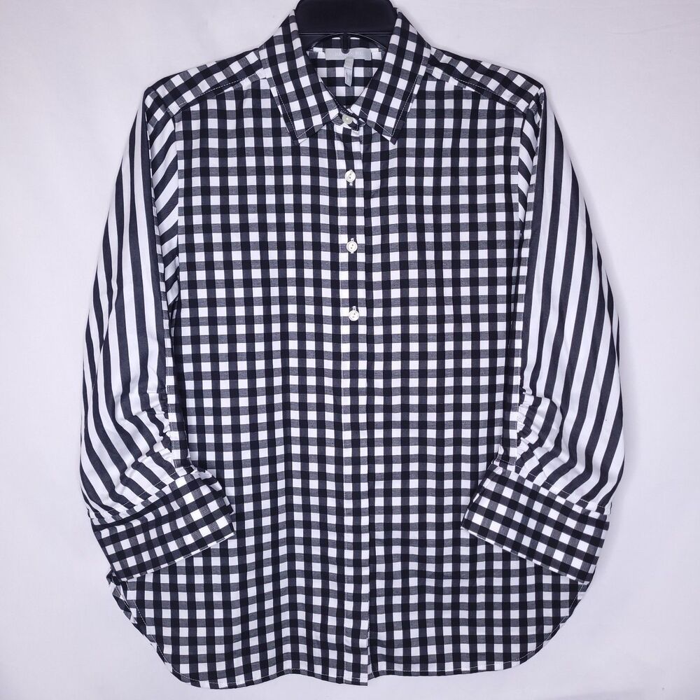 Hinson Wu Shirt Womens Medium Gingham Striped Zoey Black, White 3/4 Sleeve